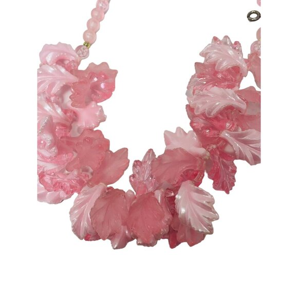 Pink Molded Lucite Leaf Frosted Bead Runway Couture Necklace 24”
